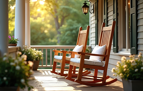 two rocking chairs sit peacefully on a front porch with potted flowers and overlooks trees