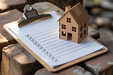 a cardboard house sits on a clipboard that has blank spots to fill in a checklist.