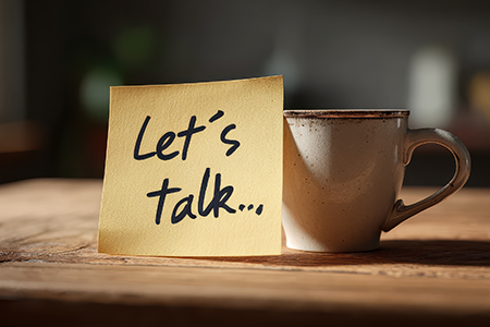 Let's talk is written on a post-it note next to a cup of coffee on a table.
