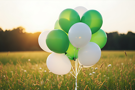 Green and white balloons in a field with the sun in background
