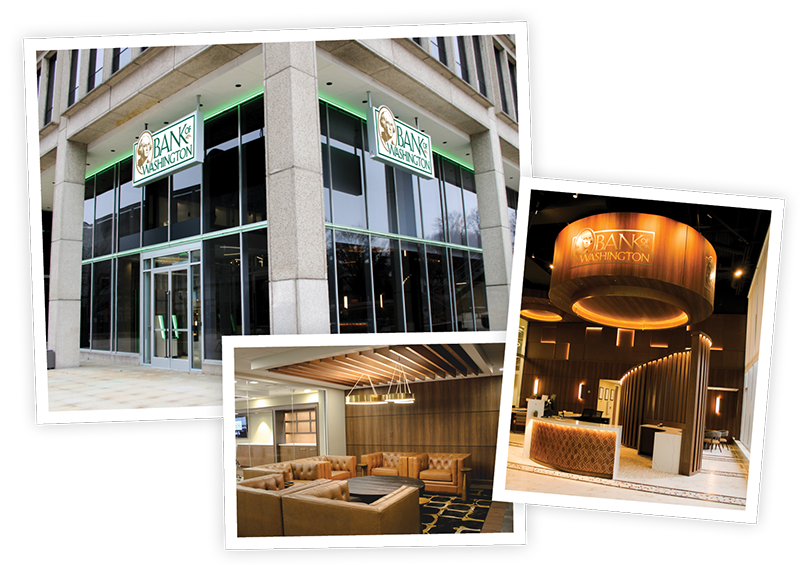 Images of Clayton Branch including exterior of branch with green lighting around the branch, image of lobby, and seating area with leather chairs and warm lighting