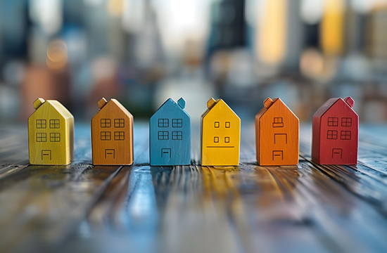 colorful toy houses in a line on a wood table